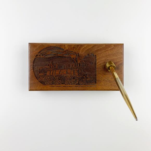Vintage Pen Holder Solid Walnut Lasercraft Etched Desk Locomotive Train Pen - Picture 1 of 7